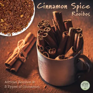 Cinnamon Spice Rooibos, made with African Rooibos and 3 types of cinnamon. The perfect afternoon and evening treat. Naturally Caffeine free.