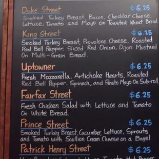 Cold Sandwiches Menu