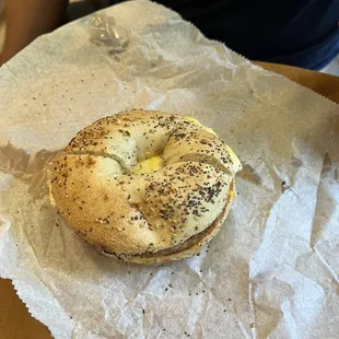 Egg and cheese on an everything bagel
