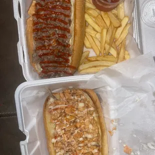 Philly Cheesesteak w/ fries and a Salmon Cheesesteak!