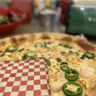 This is the shrimp (and jalapeño) pizza which is such an incredible combination.  Next time want to try it with cauliflower crust.