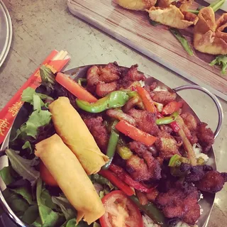 Orange Chicken with Rice and Spring Roll
