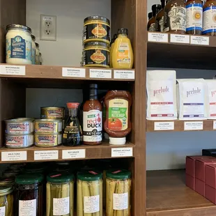 a shelf full of food items