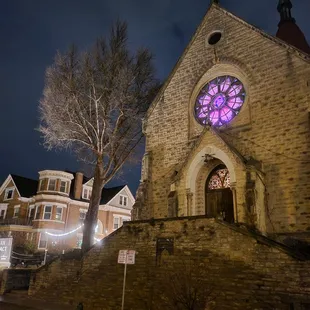a church with a stained glass window
