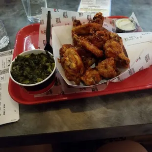 Dragon Honey wings with a side of greens
