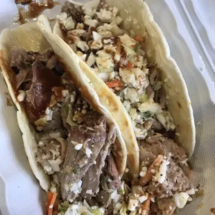 Texas style pulled pork tacos the tortillas were pretty good too!!  Sorry Texan at