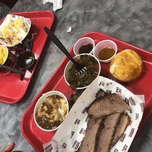 Kids chicken taco with Mac and cheese. Brisket with mashed potatoes and gravy, collard greens and cornbread