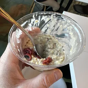 a hand holding a bowl of oatmeal