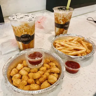 Tiger milk tea, 25 Popcorn Chicken, Urban Fries
