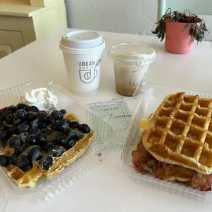 Blueberry = sweet summertime croffle  Sandwich = Urban Fav Cold drink = Rasberry Bliss (seasonal) Hot drink = Campfire mocha