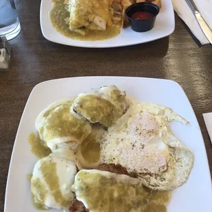 Chicken and biscuits with green chile gravy. &quot;Doused&quot; breakfast burrito with potatoes.