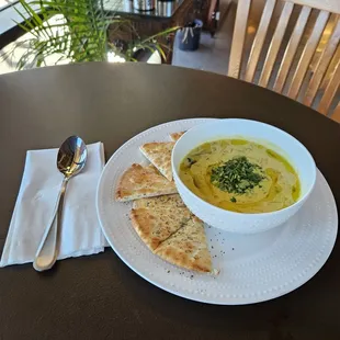 Creamy Barley soup with pita bread