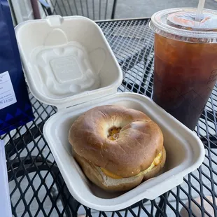 Breakfast bagel and iced americano