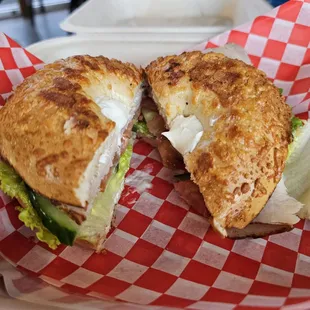 Turkey Asiago - Turkey, Cucumber, Tomato, &amp; Lettuce, with Garlic Cream Cheese on an Asiago Bagel