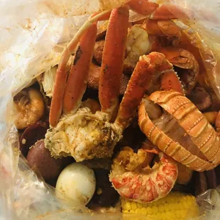 Crab legs, shrimp, lobster, corn, potatoes and sausage...