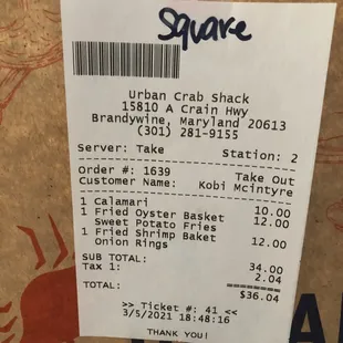 Receipt where they named me "Square"