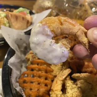 Fried shrimp with sweet potato fries.. BEST SWEET POTATO FRIES EVER I SWEAR