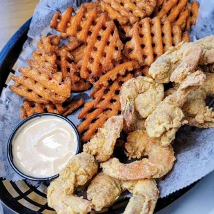 : bmorefood (on IG) fried shrimp with sweet potato waffle fries &amp; Cajun ranch
