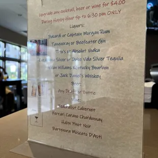 Menu for upgrading your drink