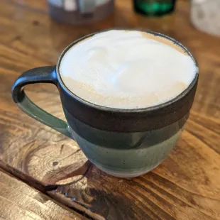 a cup of coffee on a wooden table