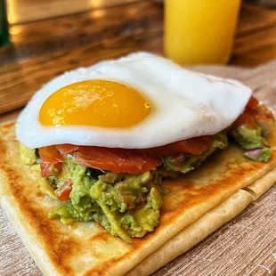 Avocado Crepe with Lox and a mimosa