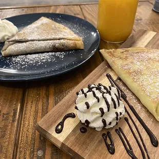Sweet Cheese Crepe and Nutella Crepe orange juice