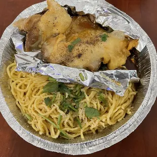 Rotisserie chicken with garlic noodles
