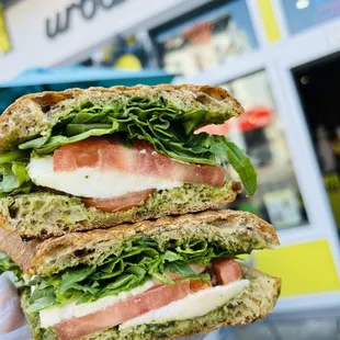 a hand holding a sandwich