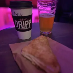 Guava turnover, Chocolate Abuelita and draft beer.