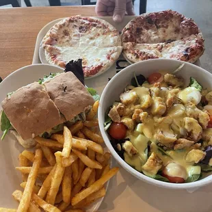 Honey crisp salad, California sandwich w/fries and two kids cheese pizzas.
