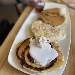 7.9.22 pancake flight - cinnamon roll, Hawaiian, and choco chip