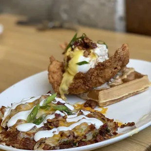chicken and waffle benny with loaded hash browns