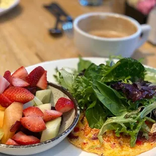Egg White Frittata with turkey bacon, goat cheese and red pepper.