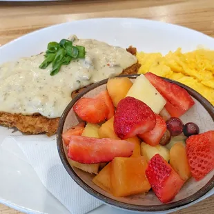 Chicken and Eggs -- switched out hashbrowns for fruit