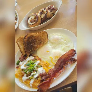 Cinnamon Rolls and 3 Egg breakfast