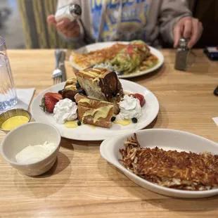Extra crispy Hash Browns, poached eggs, hollandaise sauce, stuffed French toast, breakfast burrito.