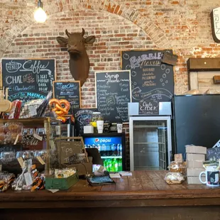 a rustic brick wall and counter