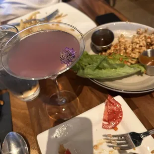 Lettuce wraps, fries, Gin cocktail.