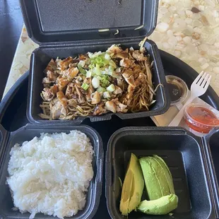 Chicken yakisoba noodles, rice and avocado