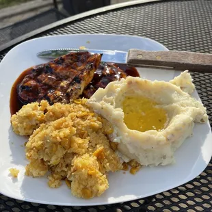 Bourbon chicken with garlic mashed potatoes and corn casserole
