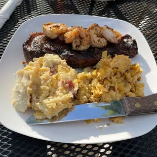 New York stripe with shrimp, mashed potatoes and corn casserole