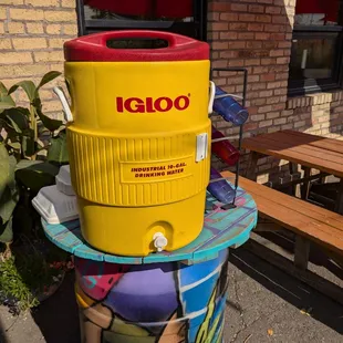 Bonus points for a self-serve water barrel with reusable cups.
