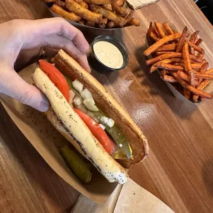 Spicy Fried Pickles, Sweet Potato Fries, Matt&apos;s Chicago Dog
