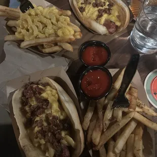 Mac and Mac &amp; Cheese FRIES, Mac and cheese dog, regular fries