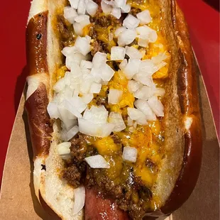 And then there&apos;s my husband&apos;s dog. He&apos;s from Detroit so he likes it Coney Island style. With chili cheese and onions  East Coast Chili Dog