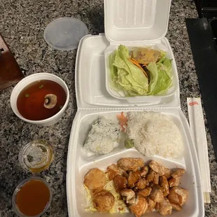 Bento Box - Chicken Teriyaki, Steamed White Rice, Clear Soup, Salad, Harumaki, California Roll