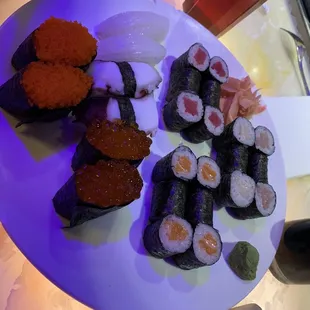 Tuna roll, yellow tail roll, salmon roll, octopus, squid, Masago, salmon roe
