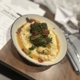 Gouda grits, collard greens, bacon and tiger shrimp