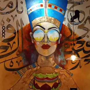 a painting of a woman holding a hamburger