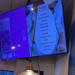 Daily soup menu. Creamy corn chowder is great on a cold day.